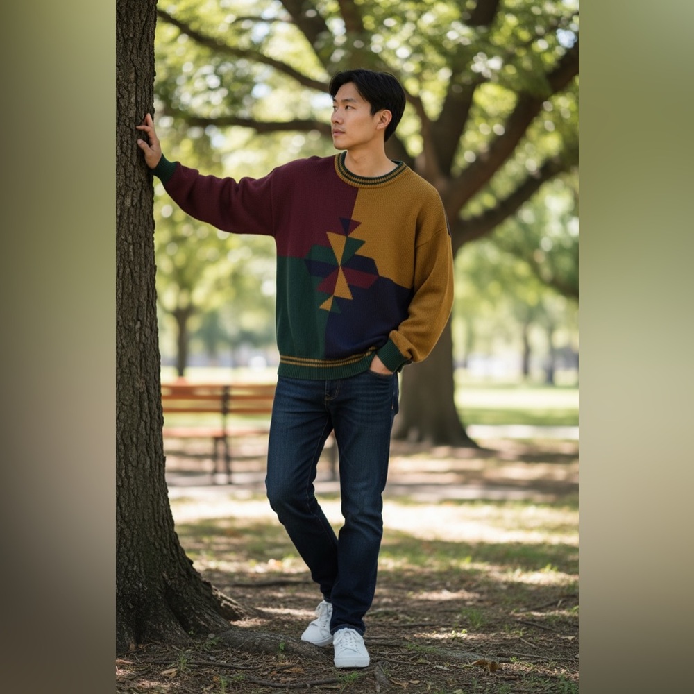 VTG 90s Structure Geometric Colorblock Sweater Large Ramie Cotton Grandpa Core - Picture 8 of 8
